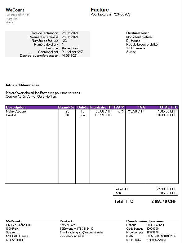 Modèle de facture Excel pour clients suisses avec TVA