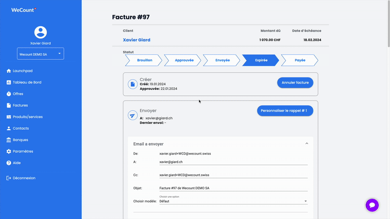 interface webapp de relance de facture client