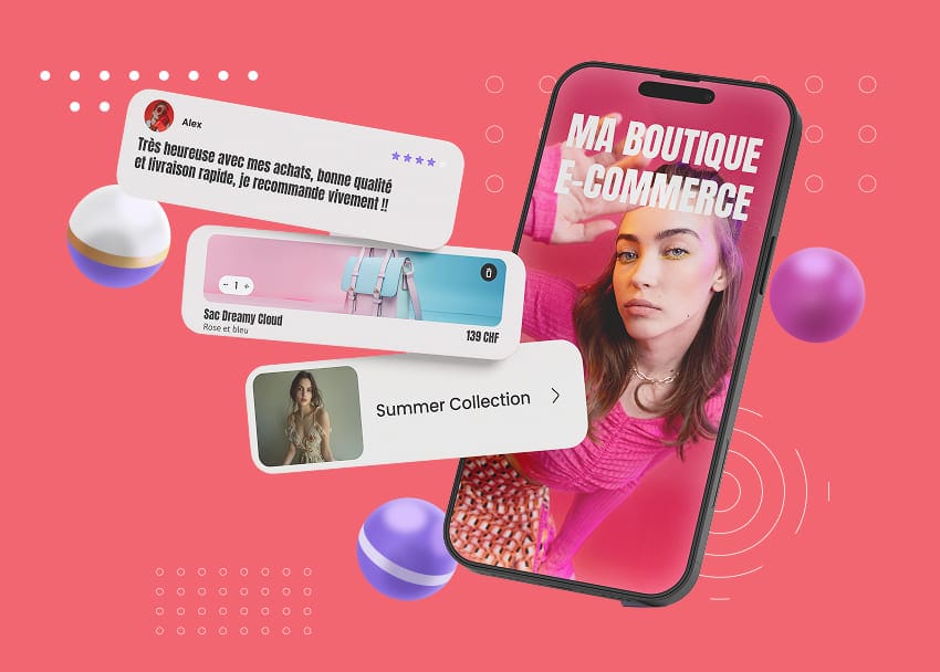Boutique e-commerce affichée sur un smartphone, avec fiche produit et avis client