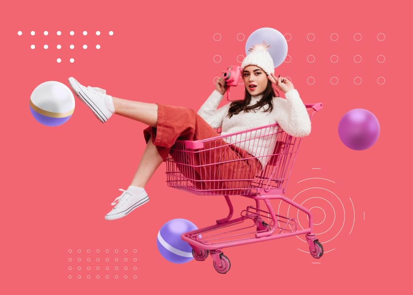 Cliente assise dans un caddie de supermarché, symbole d'un commerce en ligne dynamique